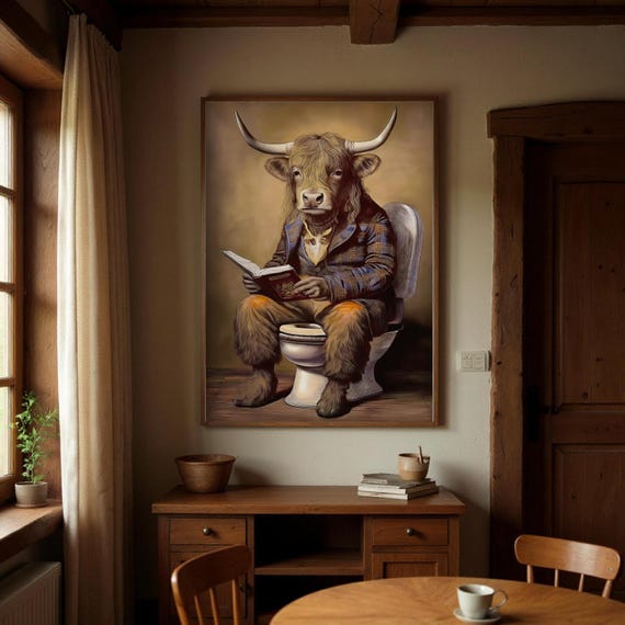 Victorian Cow Art Print: Highland Cow on Toilet - British Humor