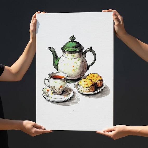 Traditional Tea Set Canvas Print - UK Heritage Home Decor - Charming Teapot & Scones Art
