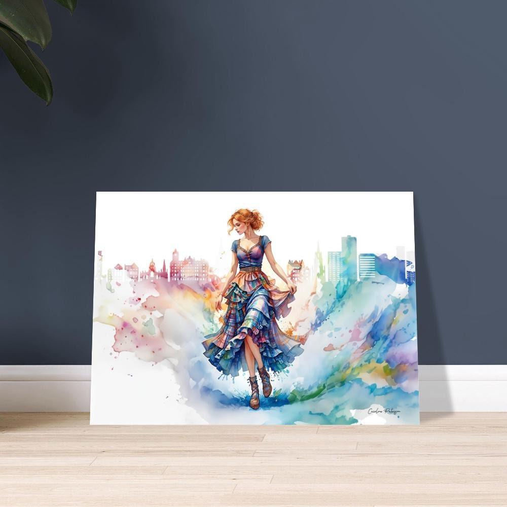 Art Print "Scottish Woman in a Tartan Skirt (with the Edinburgh Skyline)" | Tartan Girlies Collection