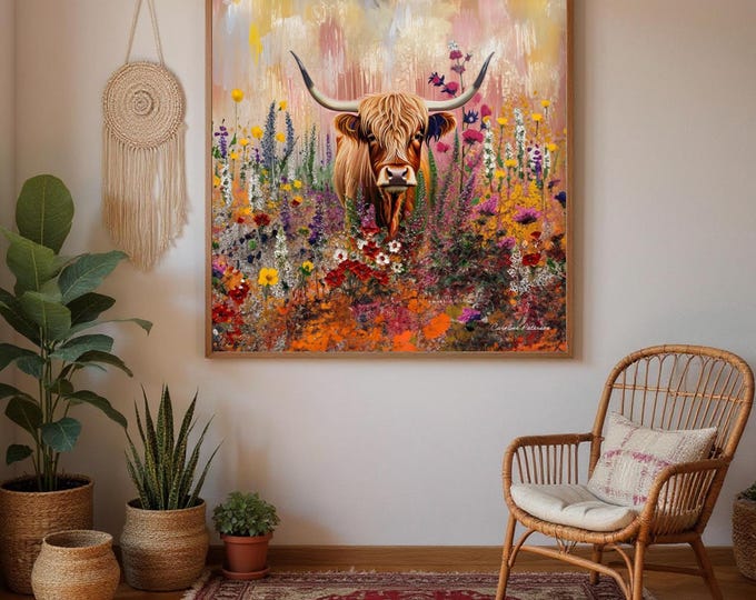Art Print Cute Hairy Cow - Pink - FarmHouse Style  - UK Heritage Art, British Art