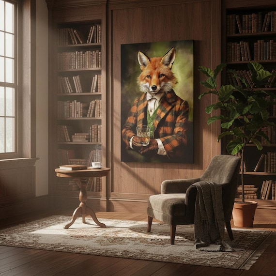 Victorian Red Fox Drinking Whiskey Canvas Print - Unique UK Heritage Artwork