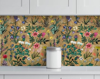 Kitchen & Bathroom Wallpaper Hand drawn Wildflowers - Floral back splash - waterproof - 60"x50" / 152,4 cm x 127 cm