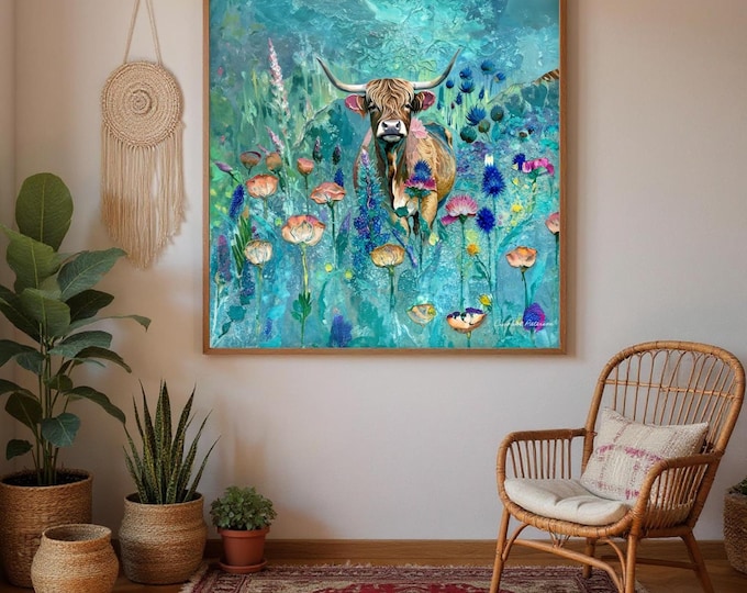 Art Print Cute Hairy Cow - Turqoise - FarmHouse Style  - UK Heritage Art, British Art
