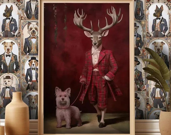Victorian Stag & Terrier Framed Art Print - British Home Décor