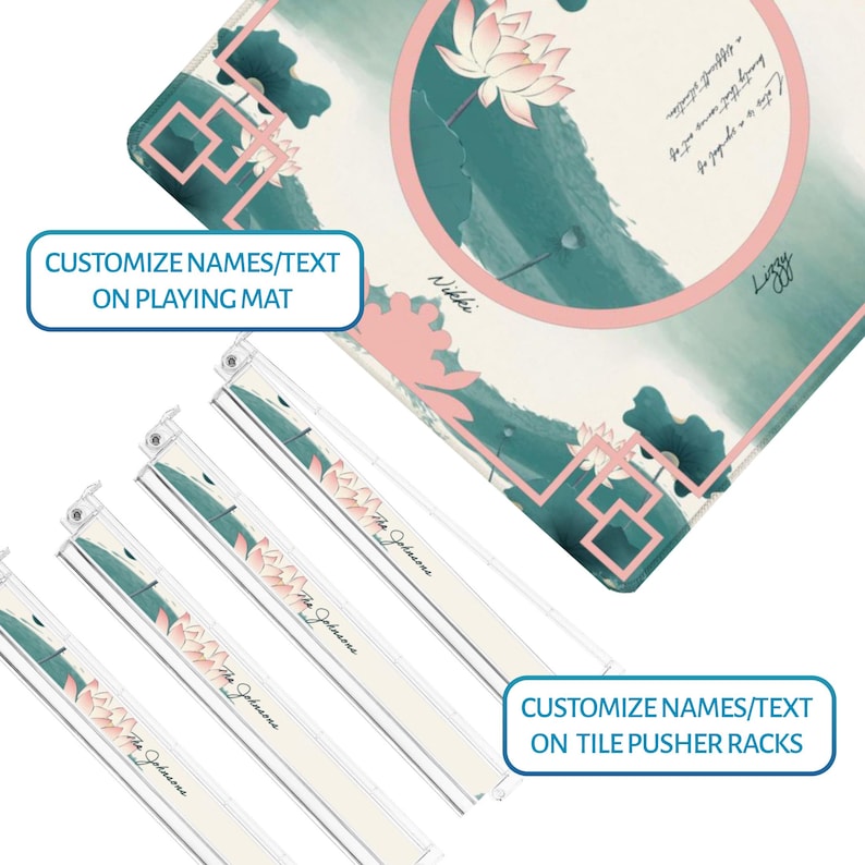 May include: A Mahjong playing mat and four clear acrylic tile pusher racks featuring a green and white watercolor lotus flower design with pink geometric accents. The mat and racks include customizable text areas with the names Nikki and The Johnsons.