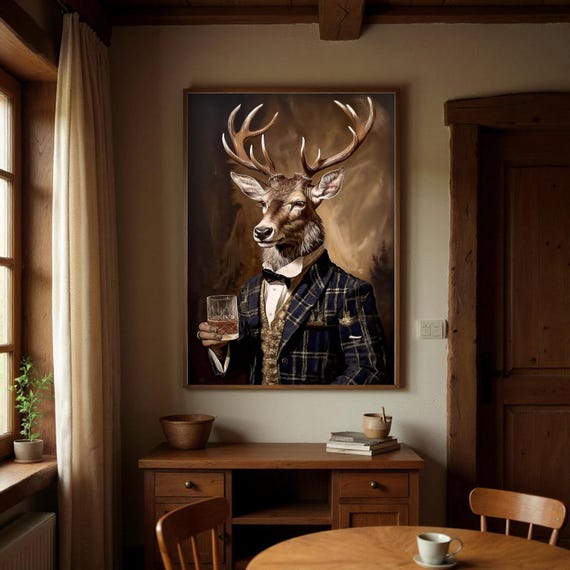 Victorian Stag Whiskey Art Print: Whimsical British Heritage Decor
