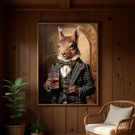 Squirrel Art Print: Victorian Whiskey Portrait (Framed, Wooden Frame)