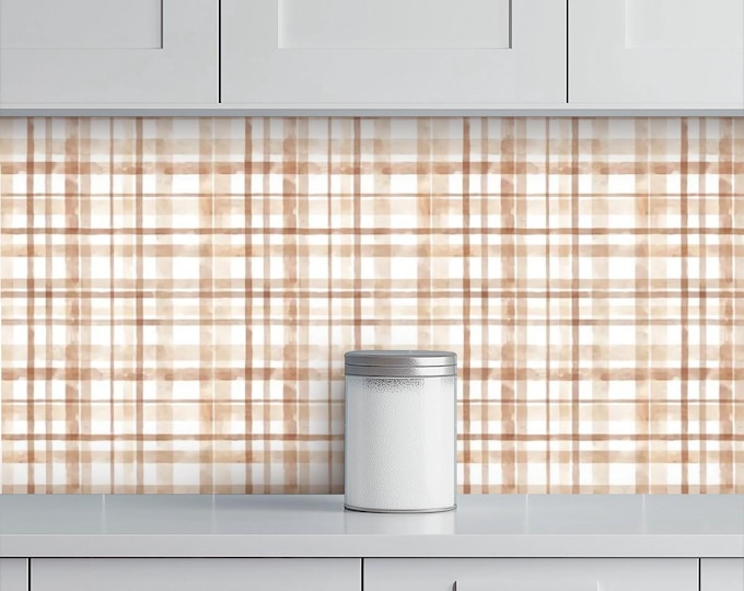 Kitchen & Bathroom Wallpaper Cottage Beige Watercolor Style plaid tartan wallpaper - waterproof - 60"x50" / 152,4 cm x 127 cm