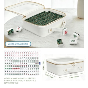 May include: A white rectangular storage case with a clear top window and gold zipper, containing green patterned mahjong tiles. The case measures 9.8 inches by 7.5 inches by 3.7 inches. Includes 144 tiles: dots, bams, cracks, dragons, winds, flowers, and jokers.