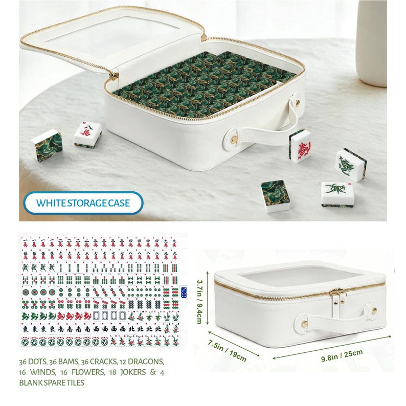 May include: A white rectangular storage case with a clear top window and gold zipper, containing green patterned mahjong tiles. The case measures 9.8 inches by 7.5 inches by 3.7 inches. Includes 144 tiles: dots, bams, cracks, dragons, winds, flowers, and jokers.