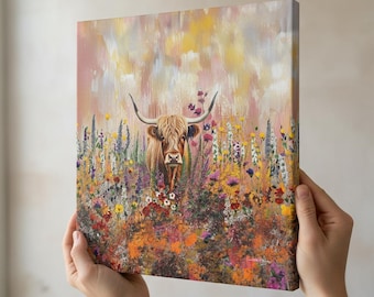 Scottish Highland Cow Canvas Print: Pink Floral Meadow Art