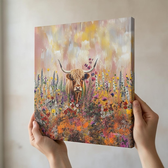 Scottish Highland Cow Canvas Print: Pink Floral Meadow Art