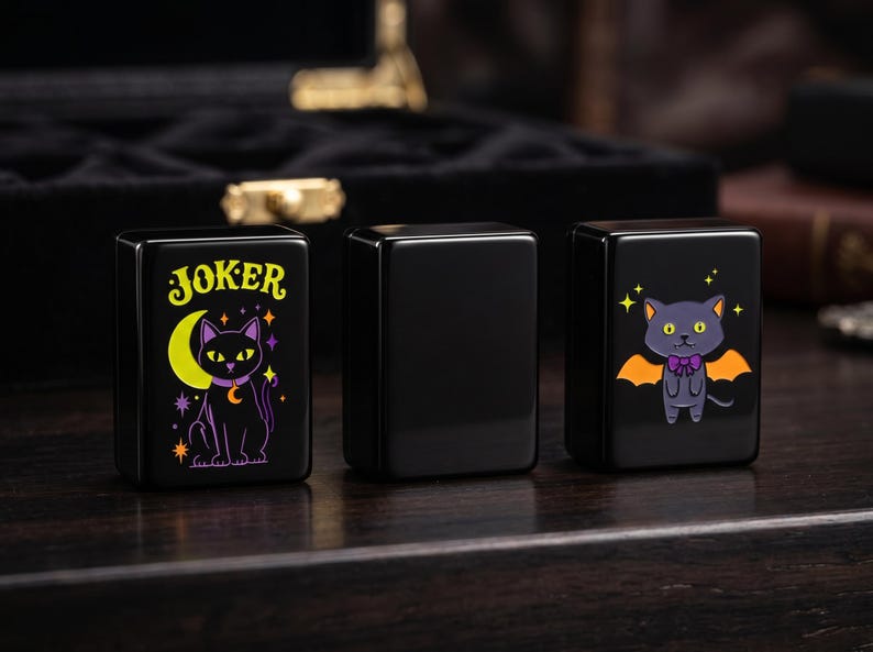 May include: Three rectangular black tiles with a glossy finish. The left tile features a yellow crescent moon and a black cat with the word JOKER printed above. The middle tile is blank. The right tile displays a gray cat with orange bat wings.