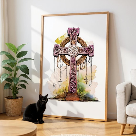 Framed Celtic Knot Art Print: Pink Cross Design, British Decor
