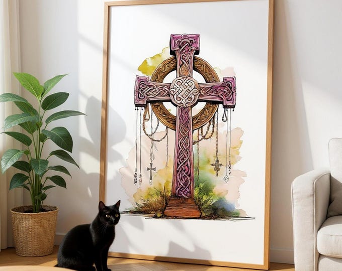 Framed Celtic Knot Art Print: Pink Cross Design, British Decor
