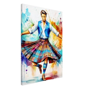 Scottish Country Dancer Canvas, Tartan Decor, Watercolor Art, Celtic Wall Hanging, Scottish Home Gift, Watercolor Artwork