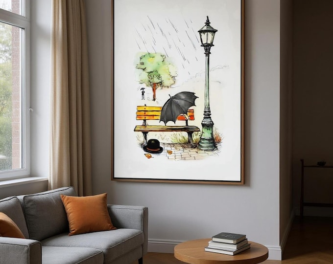 Framed Bowler Hat Art Print: Black Umbrella, Ready to Hang