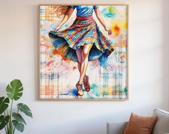 Art Print Scottish Country Dancer, Tartan Decor,  UK Heritage Art, Traditional Home Gift