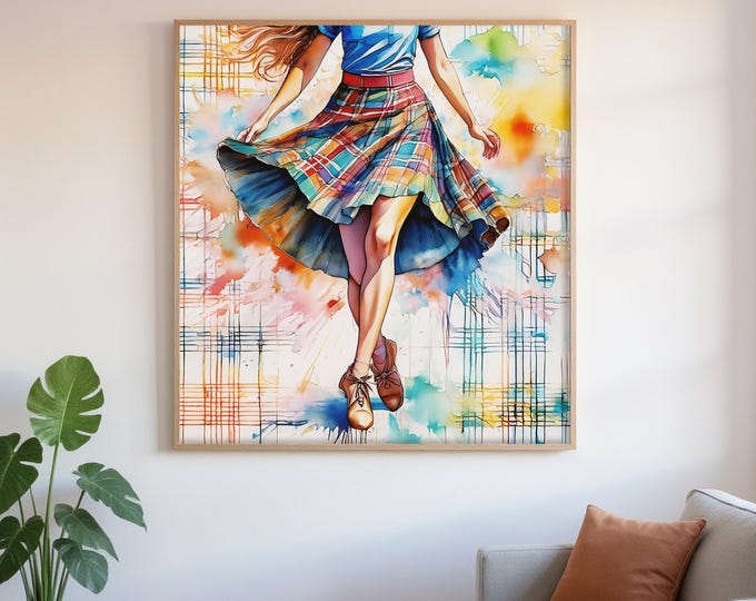 Art Print Scottish Country Dancer, Tartan Decor,  UK Heritage Art, Traditional Home Gift