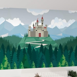 Zelfklevend canvas behang Magical Castle - kinderkamerbehang. Muursticker kasteel. Tovenaarskasteeldecoratie.