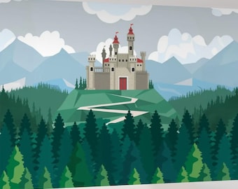 Self Adhesive Canvas Wallpaper Magical Castle - kids bedroom wallpaper mural. Castle Wall decal. Wizards Castle Decor.