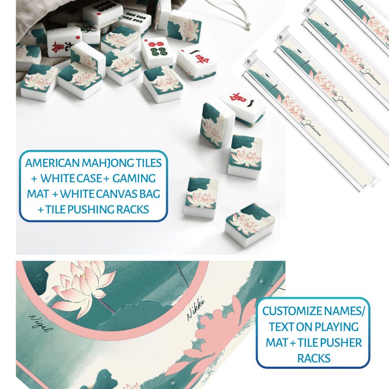 May include: A set of American Mahjong tiles featuring a white base with a green and pink lotus flower design on the back. The set includes clear tile pushing racks, a white canvas bag, and a gaming mat with a lotus print and customizable text.