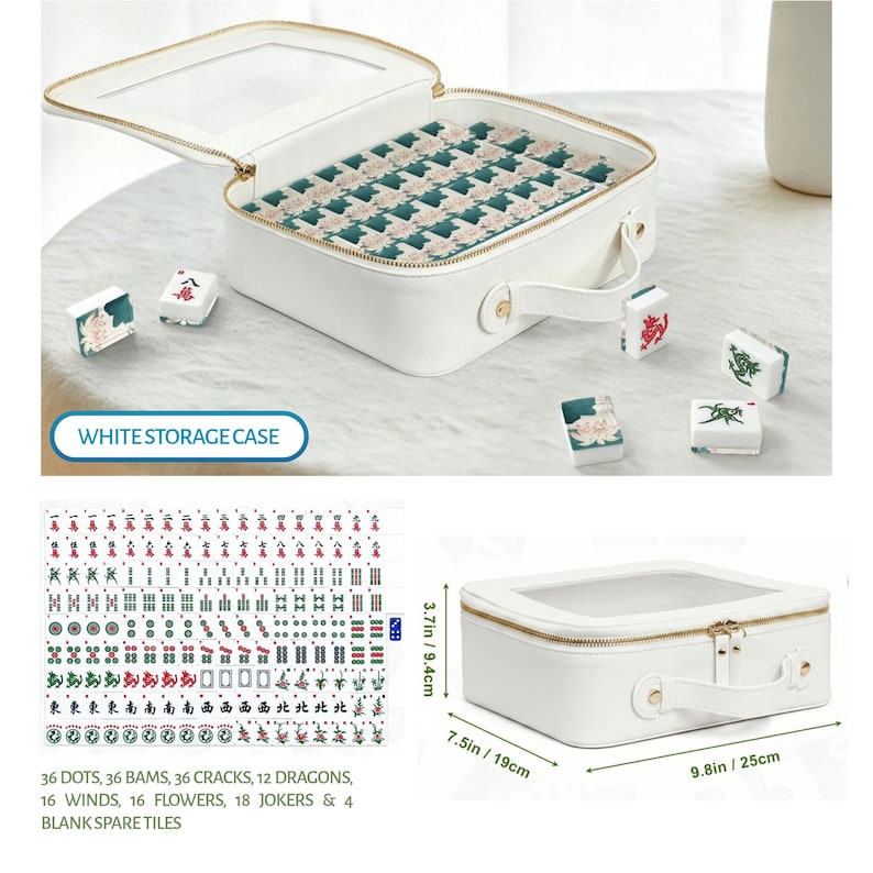 May include: A white rectangular storage case with a clear top window and gold zipper, containing mahjong tiles with green and floral patterns. The set includes 144 tiles, measuring 9.8 inches by 7.5 inches by 3.7 inches, with various character designs.