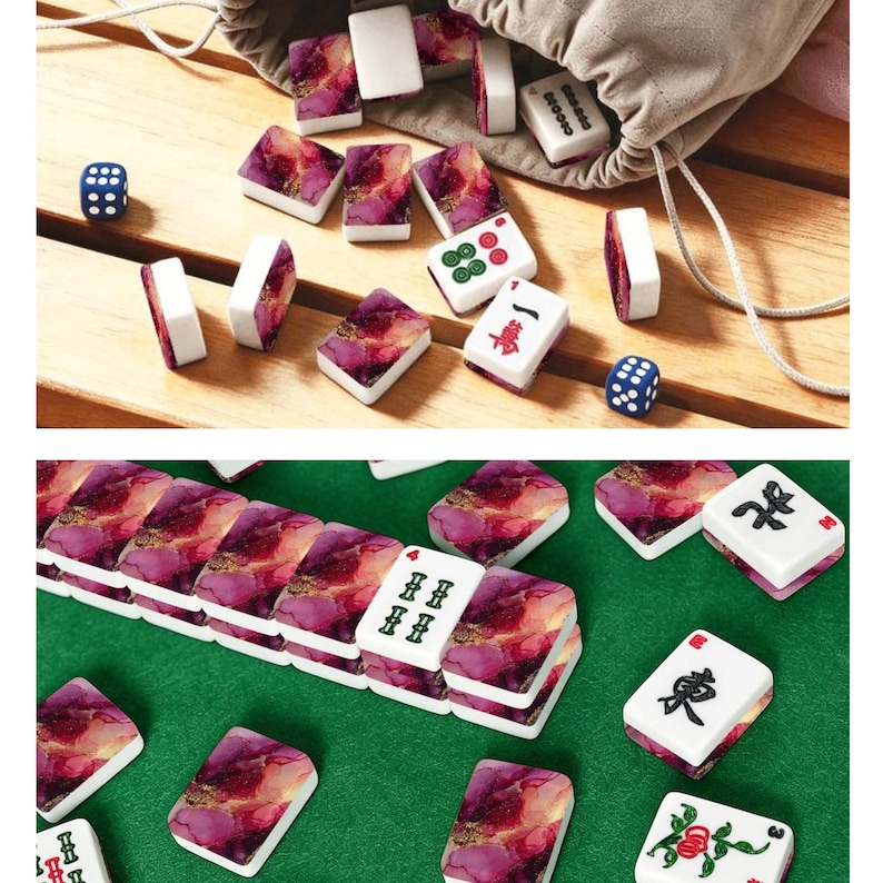 May include: A set of mahjong tiles featuring a white base with a purple, pink, and gold marbled pattern on the back. The tiles display various traditional Chinese characters, symbols, and numbers in black, red, and green ink, accompanied by two blue dice.