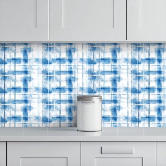 Scottish Blue Plaid Wallpaper: Watercolor Tartan Peel and Stick (60"x50")
