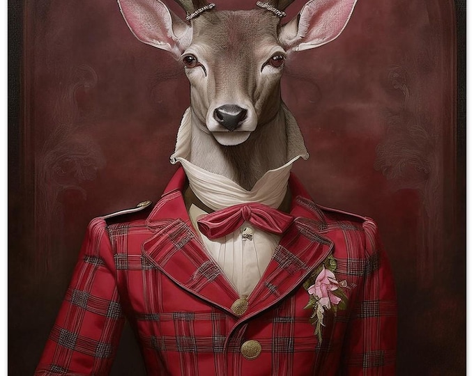 Victorian Stag Print - Red Tartan Suit - Unique Fine Art Poster | Stag's head on a human body