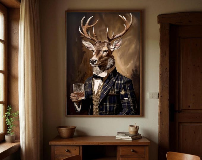 Art Print Victorian Stag Drinking Whiskey - Stag Art Print - UK Heritage Art, British Art