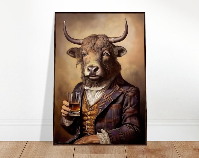 Victorian Hairy Cow Art Print: Whiskey Drinking Highlander, Wooden Framed Poster