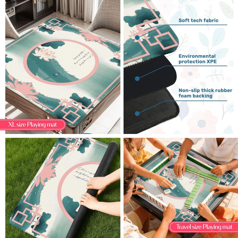 May include: An XL size playing mat featuring a green and pink lotus flower design with geometric borders. The mat is constructed with a soft tech fabric top, an environmental protection XPE middle layer, and a non-slip thick rubber foam backing.