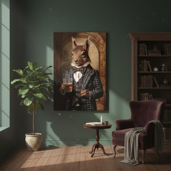 Victorian Squirrel Drinking Whiskey Canvas Print - Unique UK Heritage Artwork