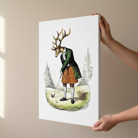 Victorian Stag Golfing Canvas Print - Unique UK Heritage Art for British Home Decor