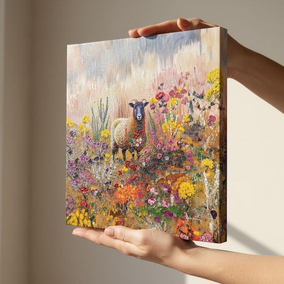Scottish Blackface Sheep Canvas Print: Pink Floral Highland Art
