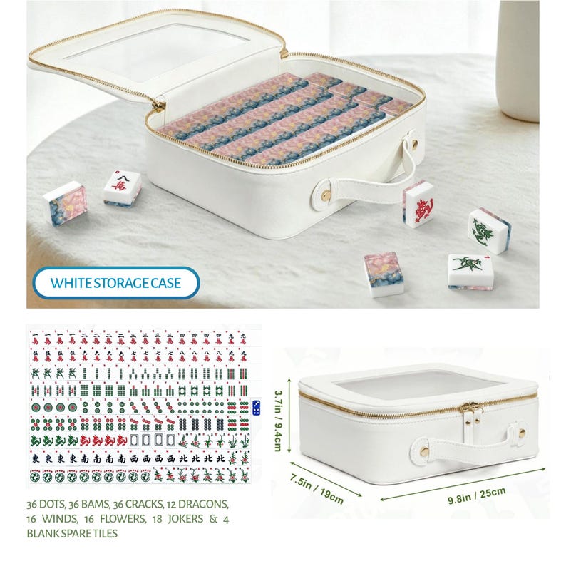 May include: A white rectangular storage case with a clear top window and handle, containing mahjong tiles with floral patterns. The set includes 36 dots, 36 bams, 36 cracks, 12 dragons, 16 winds, 16 flowers, 18 jokers, and 4 blank tiles, measuring 9.8in by 7.5in by 3.7in.