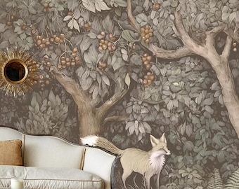 Hand Drawn Self Adhesive Canvas Wallpaper Mural, Forest design, William Morris inspired wallpaper mural Set 2 of 2 - Vintage Fox Wallpaper