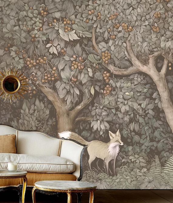 Hand Drawn Forest Wallpaper Mural: Vintage Fox, Self-Adhesive Canvas