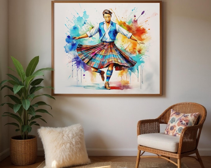 Art Print Scottish Country Dancer, Tartan Decor,  UK Heritage Art, Traditional Home Gift