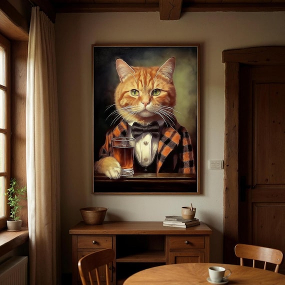 Victorian Ginger Cat Art Print: Whiskey Sipping Feline in Tartan Suit