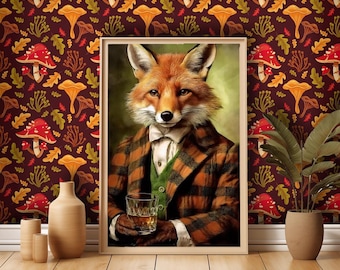 Art Print Victorian Red Fox Drinking Whiskey - Fox's head on a Human Body -  UK Heritage Art, British Art
