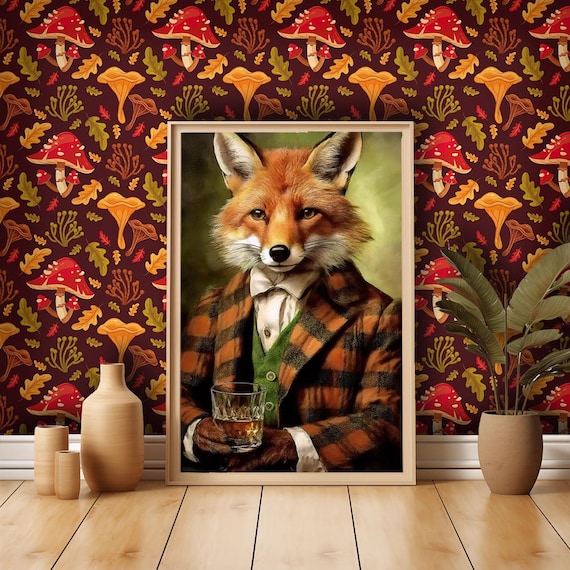 Victorian Red Fox Whiskey Art Print: Whimsical Animal Portrait