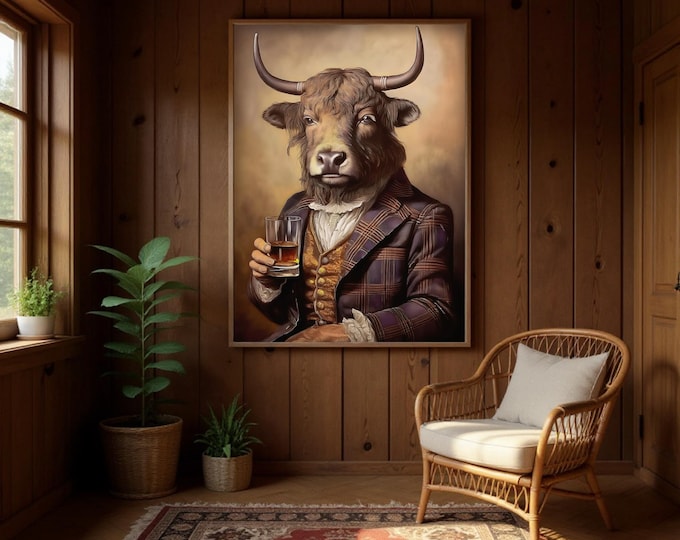 Art Print Victorian Hairy Cow - Victorian Art, Whiskey Decor, Highlander Cow Drinking Whiskey - UK Heritage Art, British Art
