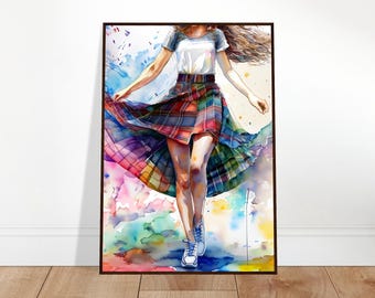 Tartan Skirt Watercolor Poster: Wooden Framed Wall Art
