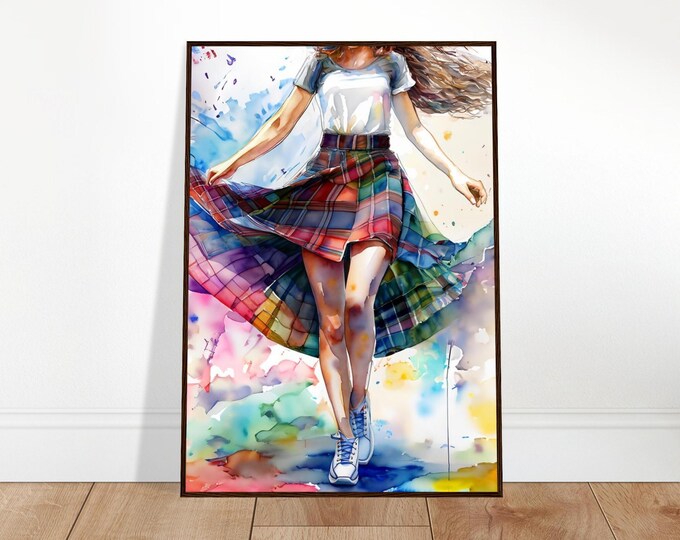 Tartan Skirt Watercolor Poster: Wooden Framed Wall Art