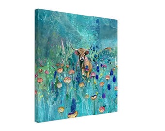 Highland Cow Canvas Print: Turquoise Scottish Art