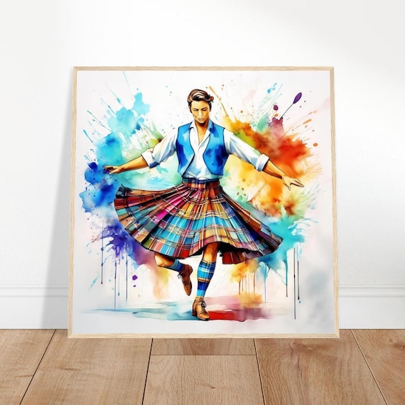 Scottish Dancer Framed Art: Tartan Skirt Watercolor Painting
