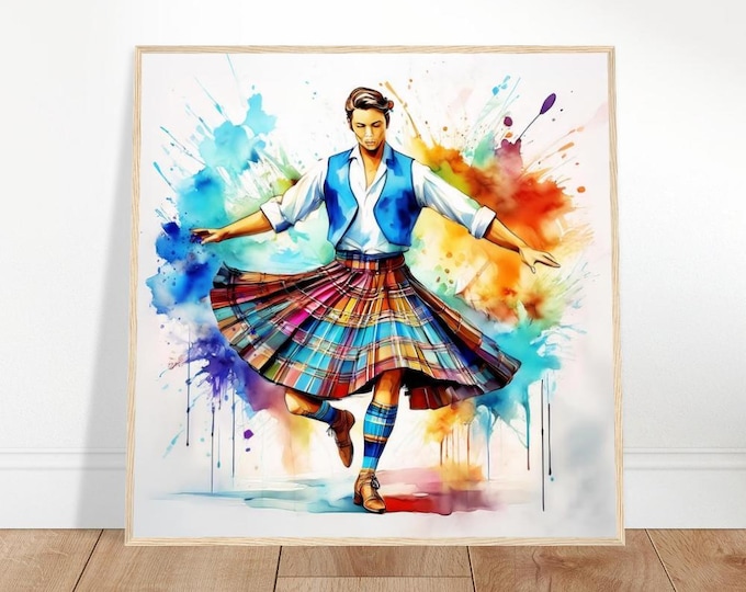 Scottish Dancer Framed Art: Tartan Skirt Watercolor Painting