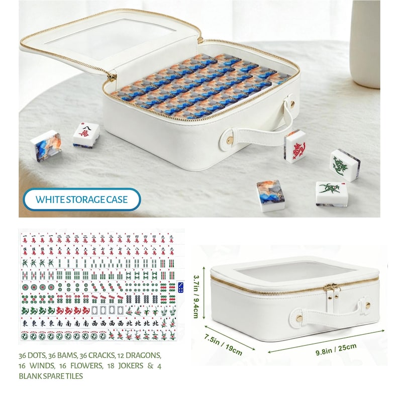 May include: A white rectangular storage case with a clear top window and gold zipper, containing blue and orange patterned mahjong tiles. Additional tiles are scattered nearby. The case measures 9.8 inches by 7.5 inches by 3.7 inches.